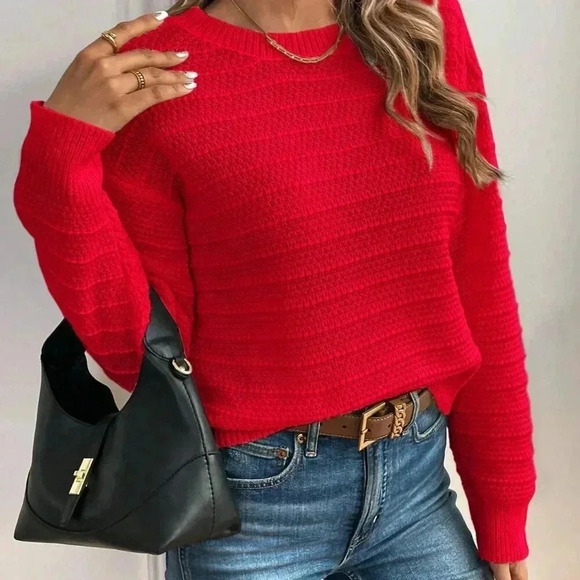 Red Casual Women's Elegant Bowknot Decor Drop Shoulder Sweater - Picture 3 of 4